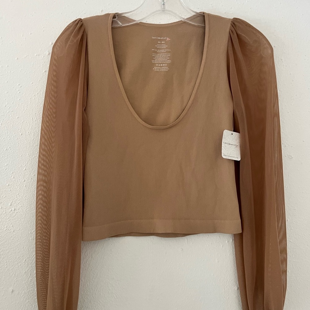 Tan Mesh Puff-Sleeve Scoop Neck Top